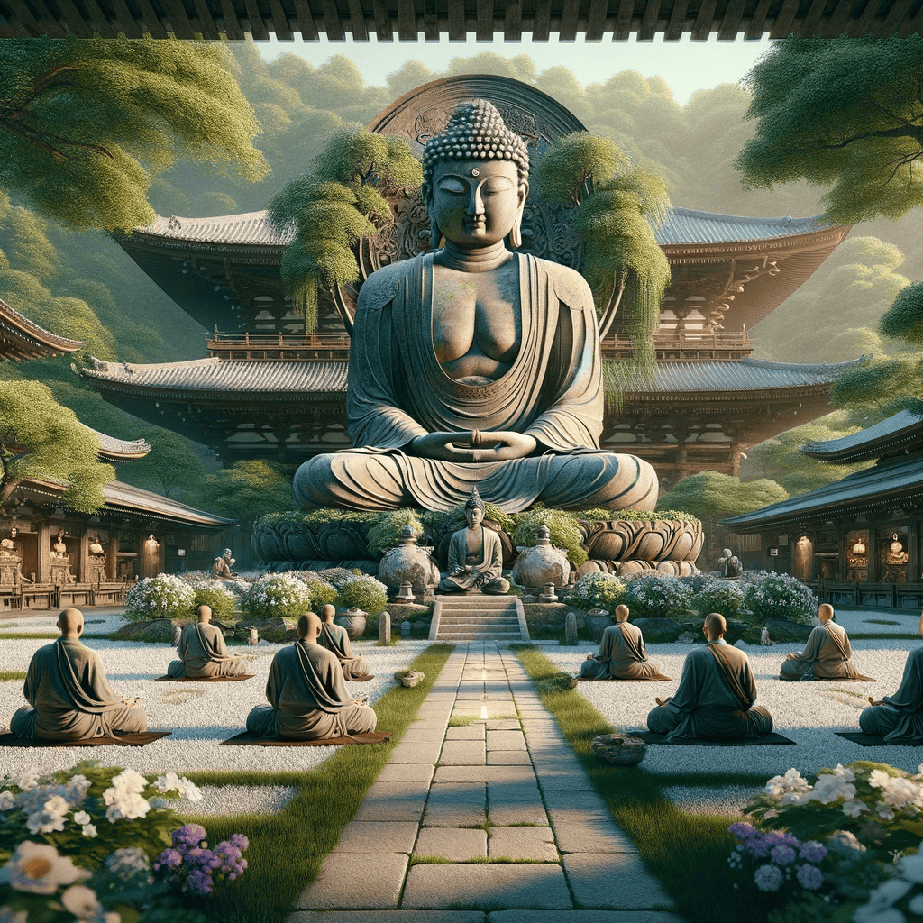 estatua de buda y monjes rezando