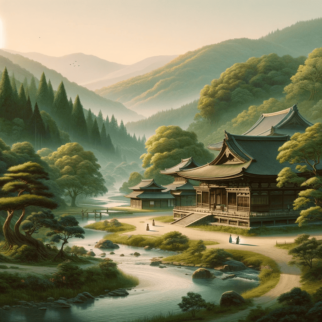 templo japones cerca de un rio rodeado de montañas